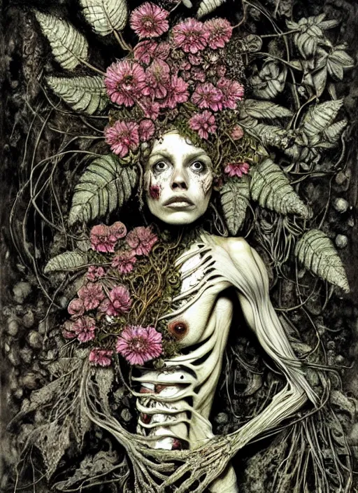 Image similar to beautiful and detailed rotten woman corpse with fractal plants and many different types of flowers growing around, muscles, veins, arteries, intricate, organs, ornate, surreal, john constable, guy denning, dan hillier