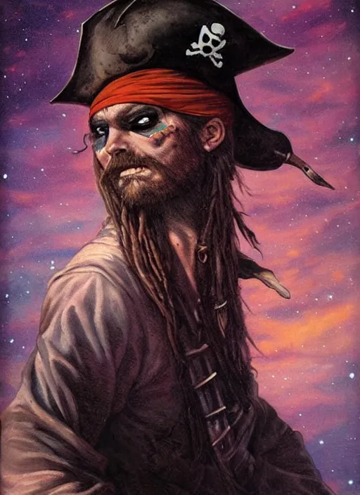 Image similar to portrait of pirate, night sky background, coherent! by brom, deep color, strong line, high contrast