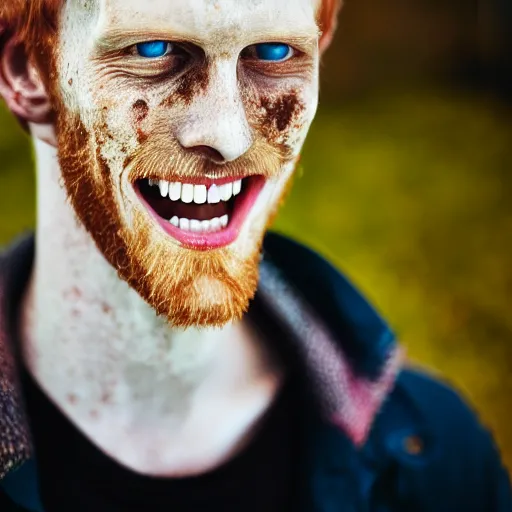 Image similar to photo of a skinny tall ginger men with rotten stained big yellow teeth, ugly appearance, acne and staining all over his face, 8 5 mm, f / 1. 3