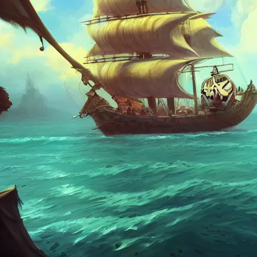 Image similar to a large pirate ship floating on top of a body of water, pirates flag , cgsociety, fantasy art, 2d game art, concept art , ambient occlusion, behance hd , concept art by Jesper Ejsing, by RHADS, Makoto Shinkai Cyril Rolando