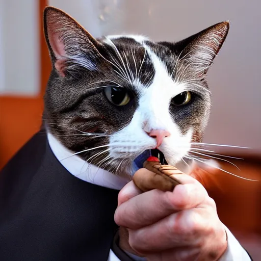 Prompt: cat wearing a suit smoking a cigar