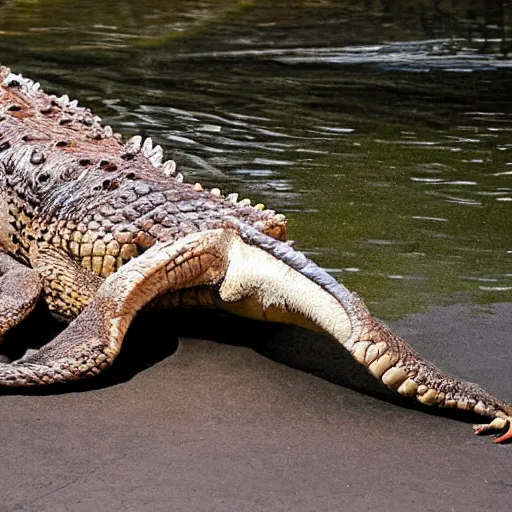 Prompt: Crocodile morphed with an ostrich, hybrid animal, picture taken in zoo, high quality