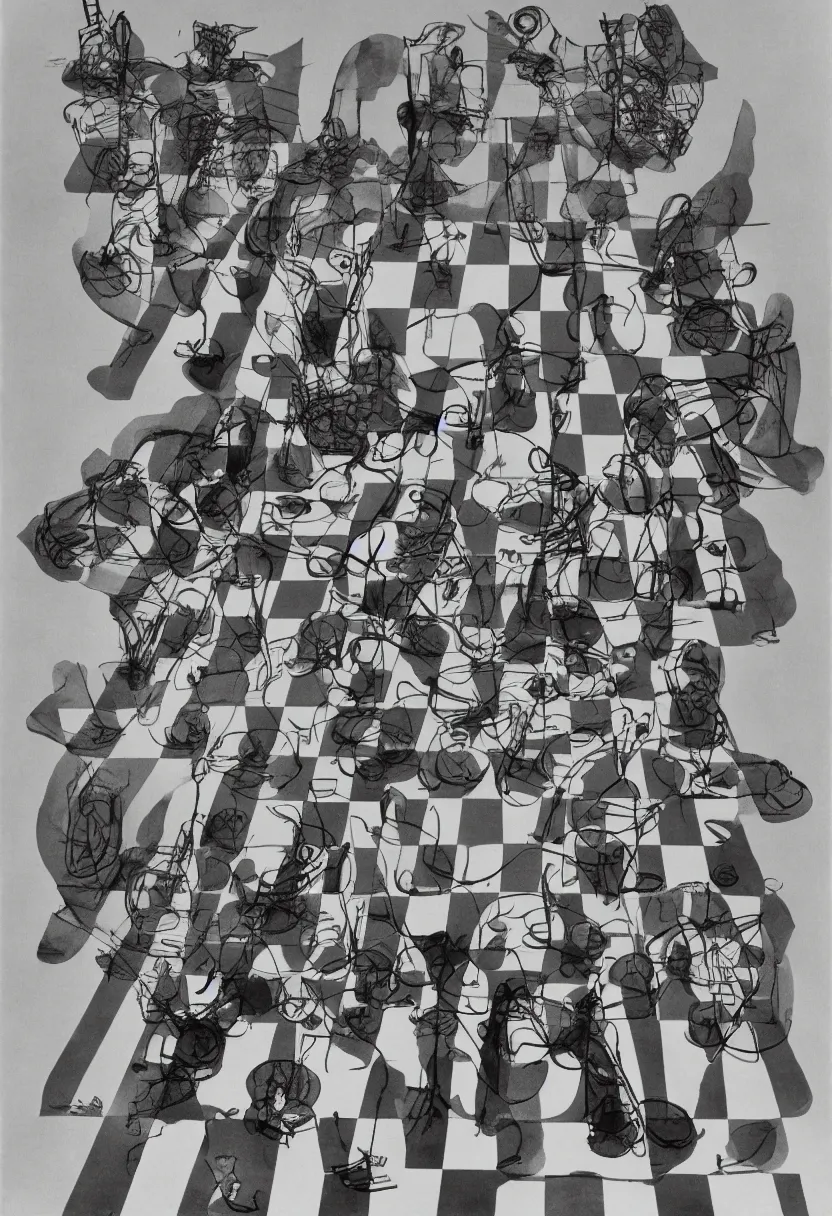 Prompt: infinite chessboard, archival pigment print by Marcel Duchamp and Irving Penn, 1919