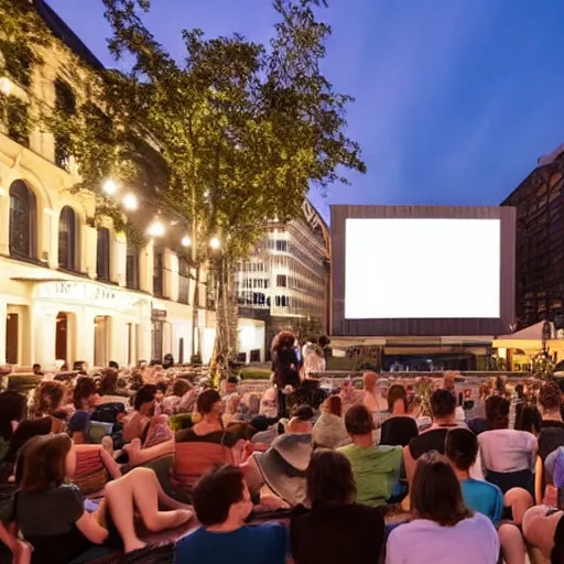 Prompt: the mq's film festival frameout shows films from predominantly domestic production on a summer outdoor cinema screen in the courtyard of the museumsquartier vienna