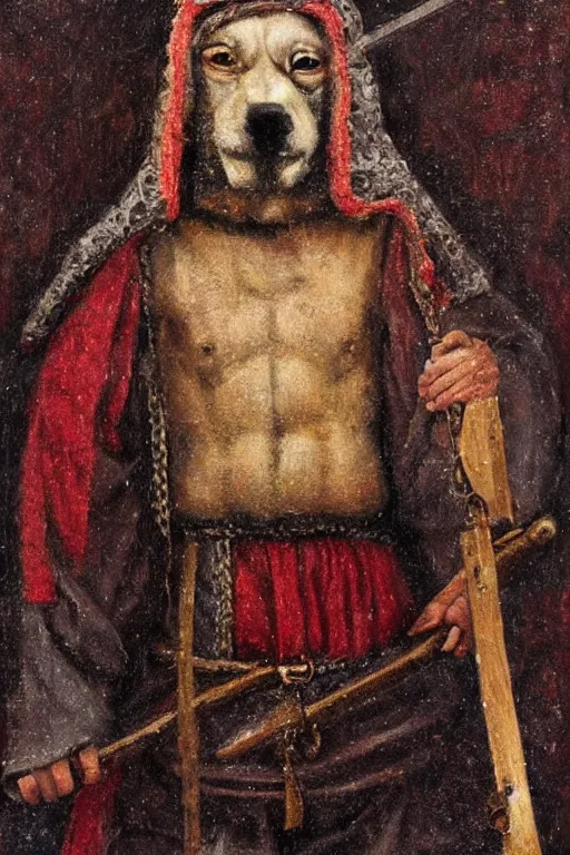 Prompt: Slavic dog head man, woolen torso in medieval clothes, Orthodox Saint Christopher, oil painting, hyperrealism, beautiful, high resolution, trending on artstation, with an axe,