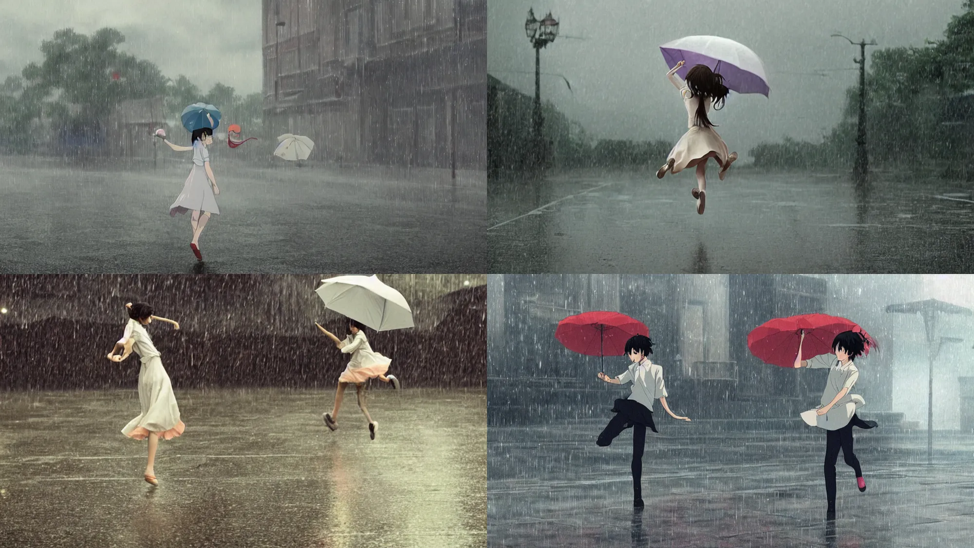 Prompt: A girl dancing with umbrellas in the rain, a scene from the movie: The Girl Who Leapt Through Time, by Makoto Shinkai