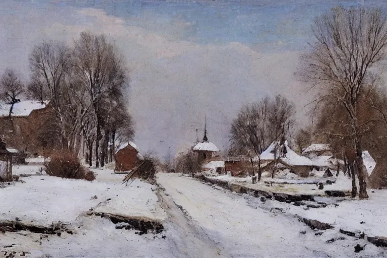 Prompt: russian village in spring with snow and mud, in style of Savrasov,