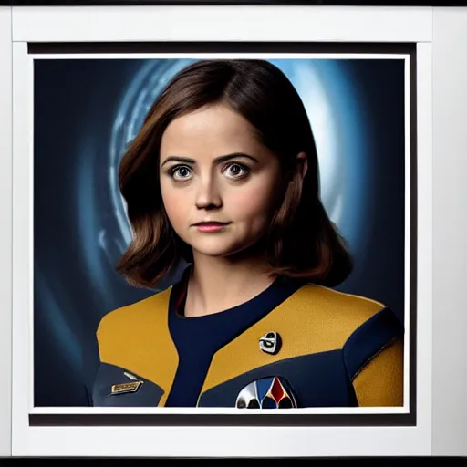 Image similar to a beautiful full body photograph of younger jenna coleman as a star fleet science officer from star trek next generation, full dress uniform, symmetrical face, extreme realism and detail, 8 k, completely framed, direct lighting, 3 5 mm photo, photorealistic, sharp focus