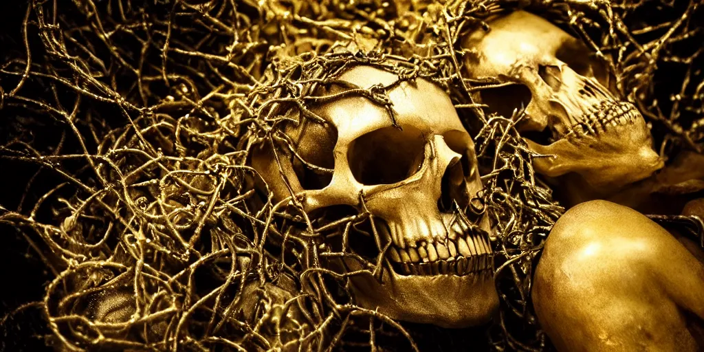 Image similar to a highly detailed realistic photographic render of corpses worshipping a skull statue with crown of thorns made of gold in the style of billelis, billelis , creepy, cinematic lighting, cinematic scene, Volumetric lighting, Atmospheric scene, Dark, Horror, Atmospheric lighting, Global illumination, realistic, photo realism, hyper realistic, hyper realism, photo realisitc, cinematic render, film, beautifully lit, ray traced, octane 3D render, octane render, unreal engine