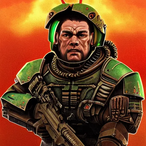 Image similar to stoned doomguy, highly detailed, digital painting, artstation, sharp focus, illustration, art by tan zi and ayanamikodon and alphonse mucha and wlop