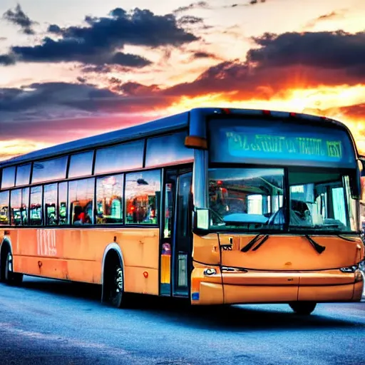 Image similar to transit bus driving through a small town during sunset