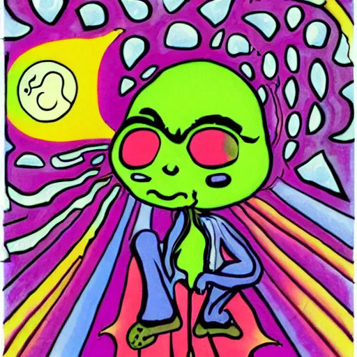 Prompt: a hippie smoking with an alien. psychedelic. detailed, color combinations