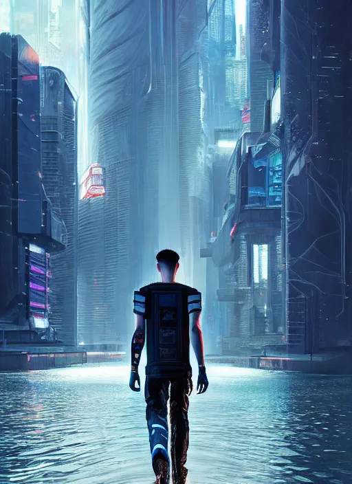 Image similar to photo of cyberpunk male teenager walking on water in the style of stefan kostic, realistic, sharp focus, 8 k high definition, insanely detailed, intricate, elegant, art by stanley lau and artgerm