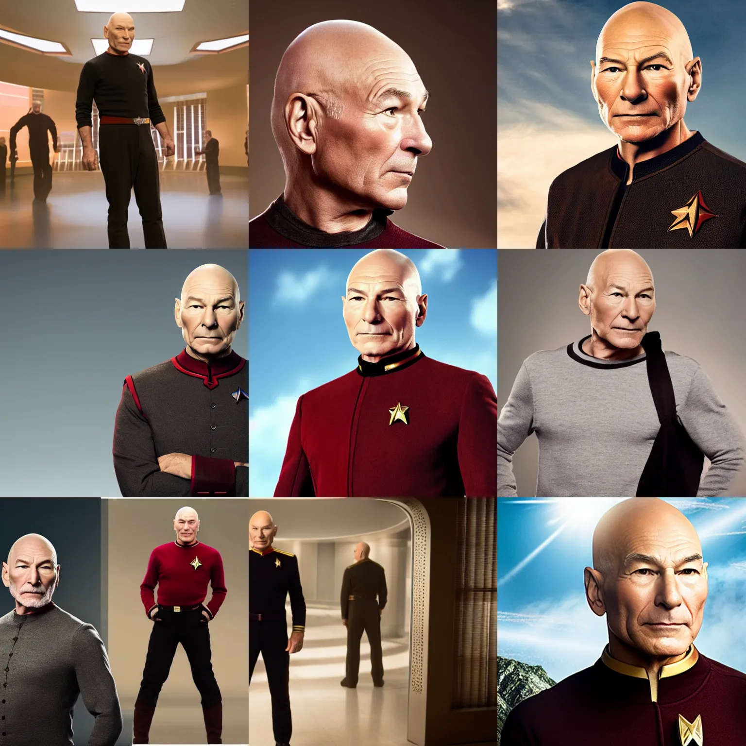 Prompt: promotional photo of patrick stewart as captain jean - luc picard, standing, full body, 4 k / 8 k, award - winning, high quality, detailed, intricate