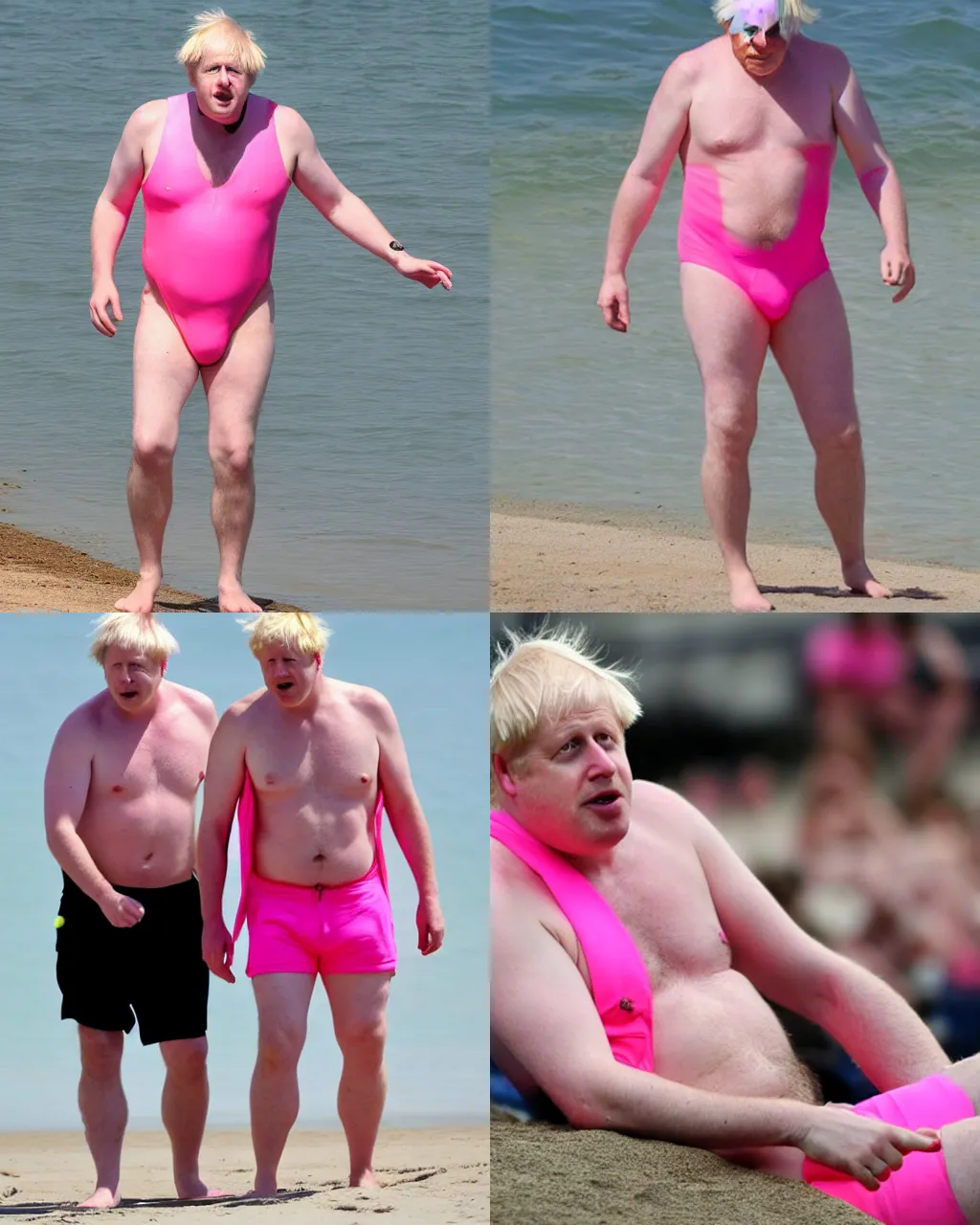 Prompt: boris johnson wearing a neon pink mankini at the beach