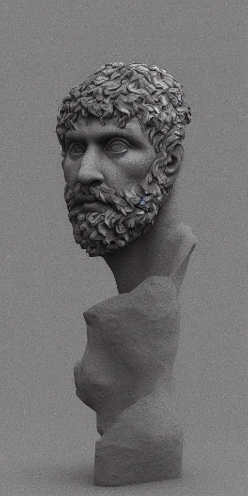 Image similar to 3d bust of a roman mans head floating, made of stone, mystical, fog, octane render, 4k