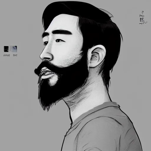 Prompt: of male portrait. creative. asian, inquisitive, heavy beard, sarcastic. contrary. big. high details, photorealistic. artstation trending.