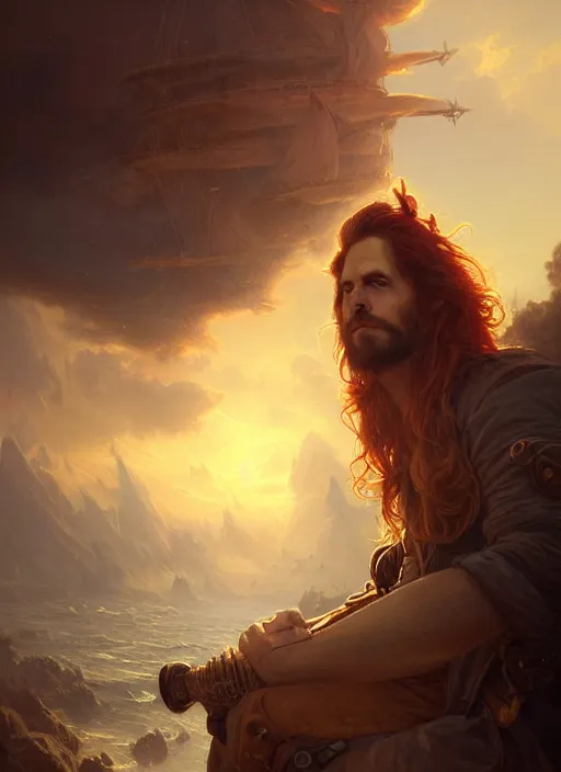 Image similar to portrait painting of a handsome rugged long hair crimson hair male pirate, soft hair steampunk zeppelin in the sky sunset golden hour art by raphael lacoste and stephan martiniere greg rutkowski gaston bussiere fantasy soft hair trending on artstation deviantart book cover art concept art key art dramatic volumetric lighting, 4 k, award winning