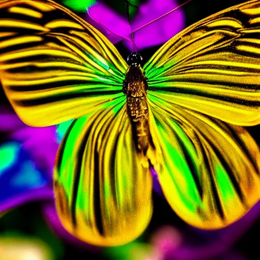 Prompt: macro photography of iridescent butterfly