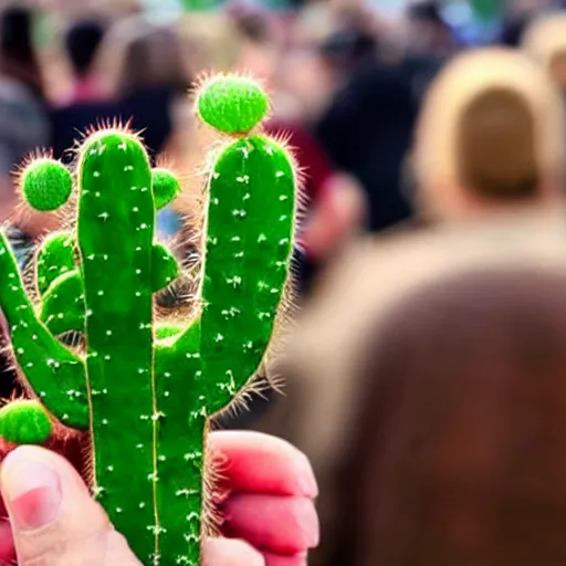 Image similar to a person made of cactus in a crowd