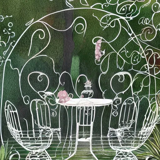Image similar to delicate, chairs, garden, paved, botanic watercolors, iridescent, 8 k, realistic shaded, fine details, artstation, italian, iron gate, tree, mediterranean, alien world