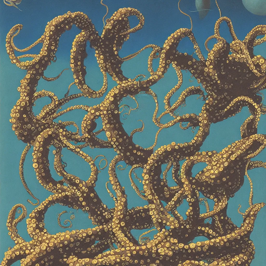 Prompt: Tentacles, octopus, drawn by Chesley Bonestell