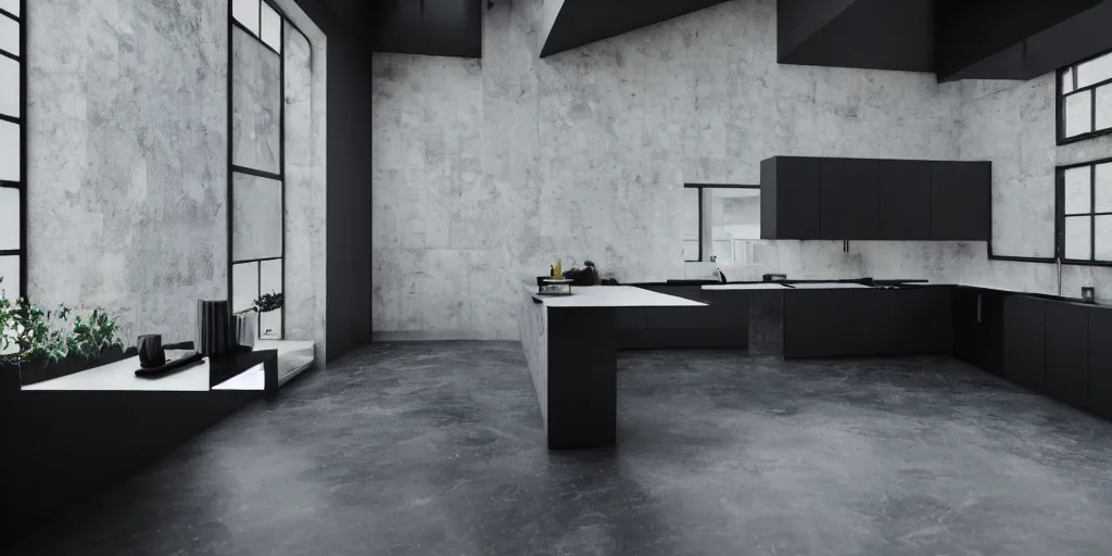 Image similar to brutalist black house kitchen interior design minimalist organic, organic architecture furniture ominous dark powerful giant open space high quality octane render blender 8 k