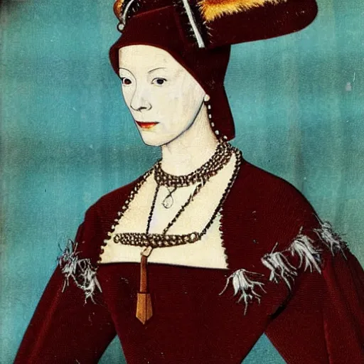 Prompt: full body painting of model anne boleyn with ripped abs, hans holbein