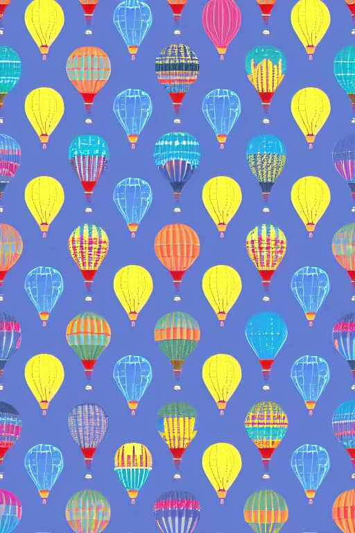 Image similar to repeating seamless retro pixel pattern of hot air balloons in beautiful sky, colourful, symmetrical, repeating 35mm photography, ultra fine detail, 4k high definition, bold