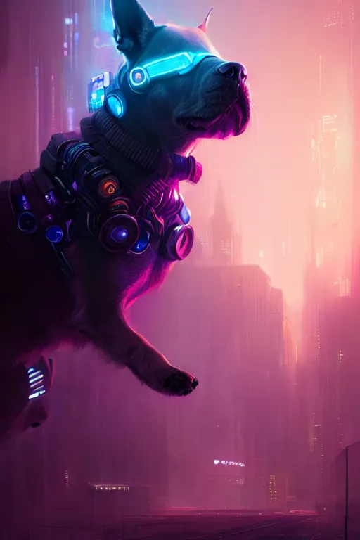 Image similar to a beautiful portrait of a cute cyberpunk dog by greg rutkowski and wlop, purple blue color scheme, high key lighting, volumetric light, digital art, highly detailed, fine detail, intricate, ornate, complex, octane render, unreal engine, photorealistic