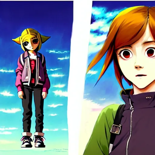 Image similar to beautiful boyish emma watson in majora's mask, wearing oversized mayan bomber jacket with overalls and leotard, bulky poofy bomber jacket with mayan patterns, aztec street fashion, gapmoe yandere grimdark, trending on pixiv fanbox, painted by greg rutkowski makoto shinkai takashi takeuchi studio ghibli, akihiko yoshida