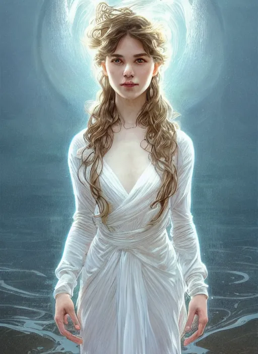 Image similar to long shot, woman posing, short wavy hair, round face, intricate white dress, cottagecore!!, inside water, intricate, enlightened, highly detailed, digital painting, artstation, concept art, smooth, sharp focus, illustration, art by artgerm and greg rutkowski and alphonse mucha