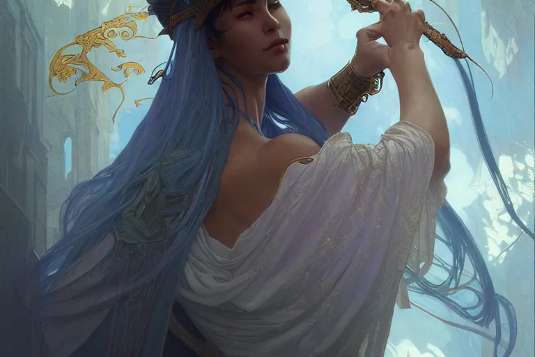 Prompt: the righteous female mage of god, deep focus, intricate, elegant, highly detailed, digital painting, artstation, concept art, matte, sharp focus, illustration, art by artgerm and greg rutkowski and alphonse mucha