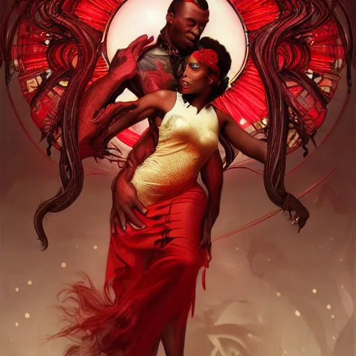 Prompt: a photograpic portrait of a black man dancing with a female devil wearing red clothes, fantasy, intricate, elegant, highly detailed, digital painting, artstation, concept art, smooth, sharp focus, illustration, art by artgerm and H R Giger and alphonse mucha