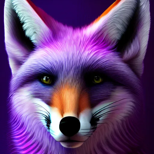 Prompt: digital purple and white fox, retrowave palette, digital world, highly detailed, electric breeze, anatomically correct vulpine, synth feel, fluffy face, ear floof, flowing fur, super realism, accurate animal imagery, 4 k digital art