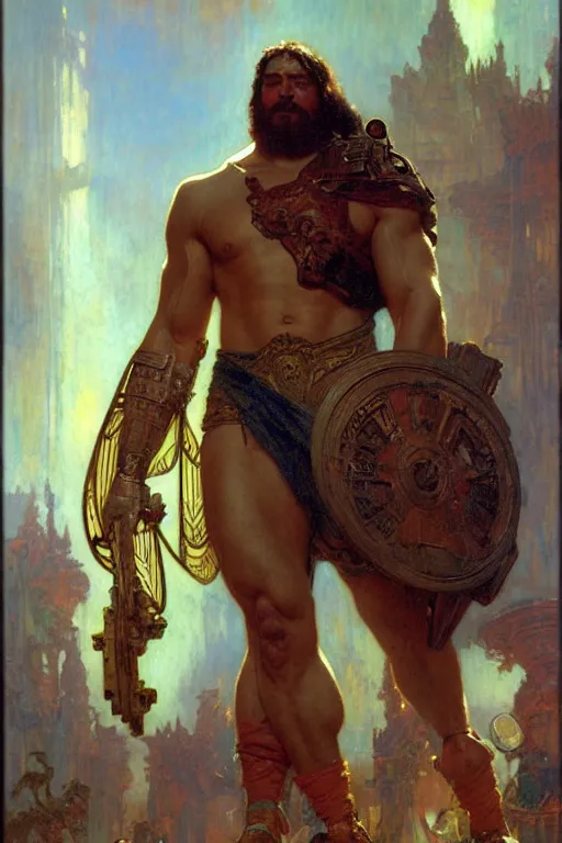 Prompt: hercules, cyberpunk, painting by gaston bussiere, craig mullins, greg rutkowski, alphonse mucha