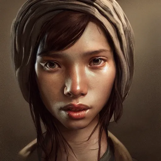 Image similar to Girl from TLOU with a pronounced Caucasoid-Slavic features, thin lips, pronounced cheekbones, light brown hair of medium length (longer caret), highly detailed, digital painting, artstation, concept art, smooth, sharp focus, illustration, ArtStation, art by artgerm and greg rutkowski and alphonse mucha and J. C. Leyendecker and Edmund Blair Leighton and Katsuhiro Otomo and Geof Darrow and Phil hale and Ashley wood and Ilya repin and Charlie Bowater