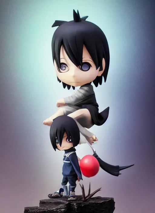 Image similar to cute chibi uchiha sasuke anime figurine, sharing an eyes, art by gerald brom, greg rutkowski and artgerm and james jean and zdzisław beksinski, unreal engine, studio lighting