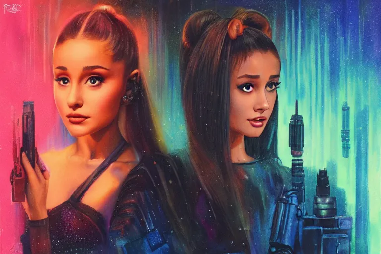 Image similar to ariana grande in the style of johan grenier and john picacio and alan m. clark, trending on artstation, bioluminescence tilt - shift blade runner 2 0 4 9, crayon art, futuresynth, splash art, post - minimalism