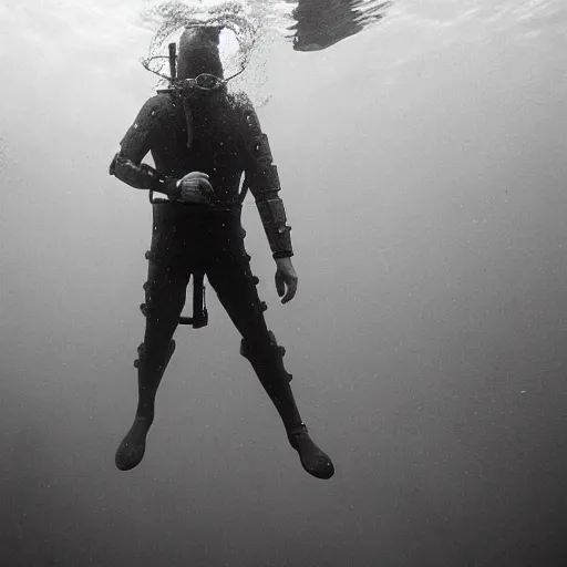 Prompt: Underwater photo of a medieval knight by Trent Parke, clean, detailed, Magnum photos