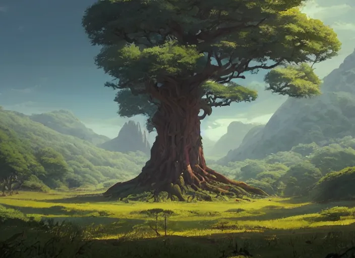 Image similar to concept art painting of a giant oak tree on a hill in a valley surrounded by forest, surrounded by mountains, realistic, by makoto shinkai and moebius and anton fadeev and greg rutkowski and james gurney