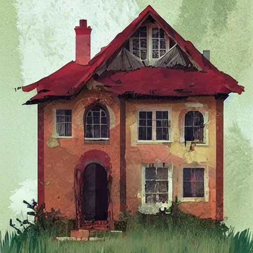 Prompt: A beautiful sculpture of an old, abandoned house. cinnabar by Pascale Campion mournful