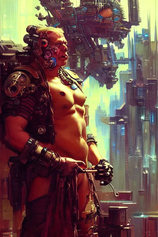 Prompt: cyberpunk, boris johnson, character design, painting by gaston bussiere, katsuya terada, frank frazetta, tom of finland, trending on artstation