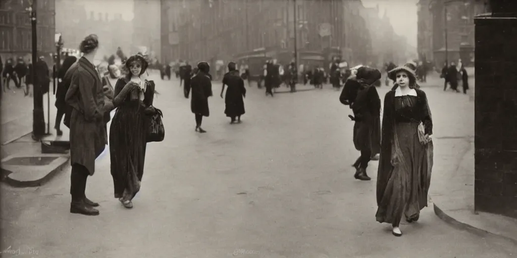 Image similar to dream a young red haired woman with freckles looks deeply into the camera, 1920's london street, 100, 50mm, art nouveau, f4.0, style of Joel Meyerowitz, gustav klimpt