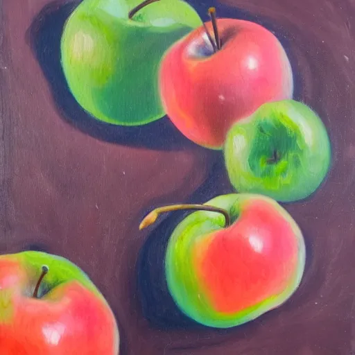 Prompt: anthropomorphized apples taking bites of tiny people that are growing on trees, oil painting, fantasy