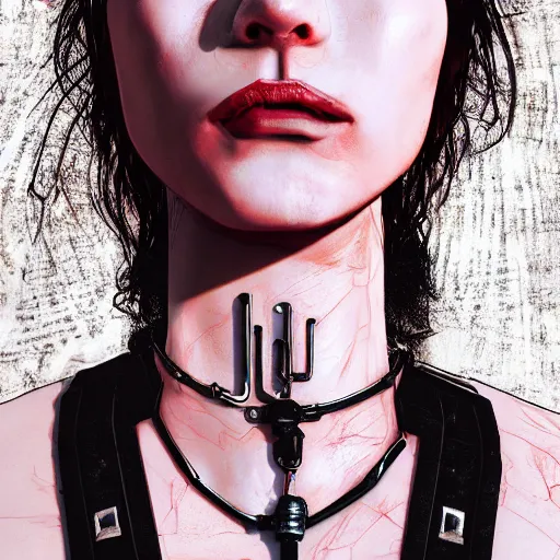 Image similar to detailed realistic female character cyberpunk wearing thick steel collar around neck, realistic, art, beautiful, 4K, collar, choker, collar around neck, punk, artstation, detailed, female, woman, choker, cyberpunk, neon, punk, collar, choker, collar around neck, thick collar, choker around neck, wearing choker, wearing collar, face, detailed face, neon makeup,