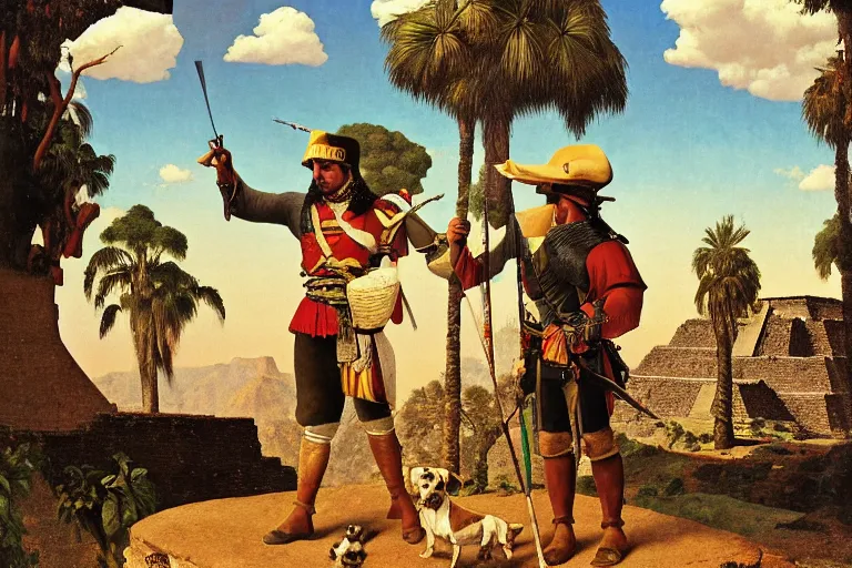 Image similar to painting of a spanish conquistador with a dog, at the aztec pyramids, jungle, sunset, chill, romantic, by ludwig deutsch and maxfield parrish, patterned tilework, extremely detailed, cinematic lighting, smooth sharp focus