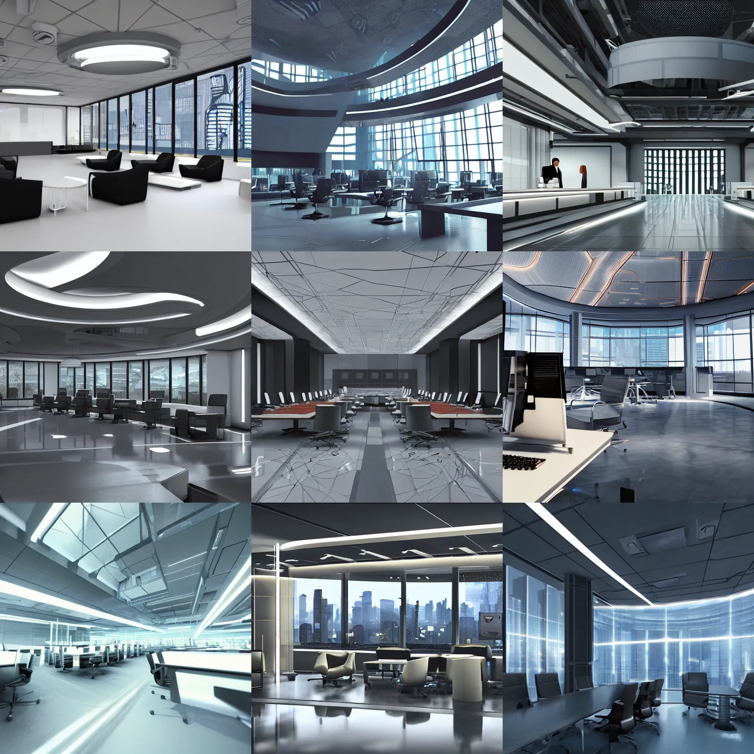 Prompt: cyberpunk futuristic corporate interior photorealistic archviz