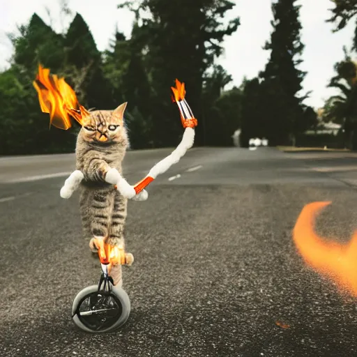 Image similar to professional photograph of a cat juggling fire sticks ona unicycle