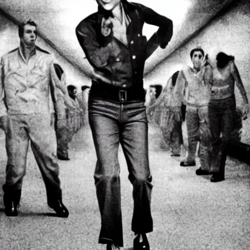 Prompt: fillm still, full body shot of Elvis Presley turned into a zombie, from the TV-series The Walking Death, promotional image, graphic,